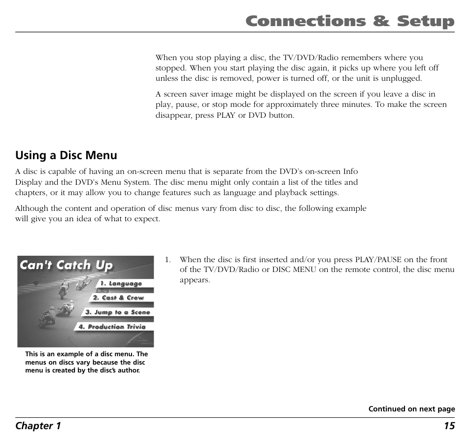 Connections & setup, Using a disc menu | RCA BLD548 User Manual | Page 17 / 56