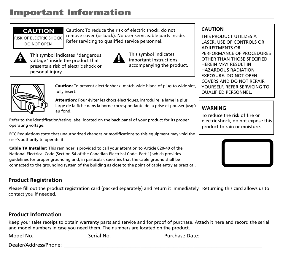 Important information, Caution | RCA BLD548 User Manual | Page 2 / 56