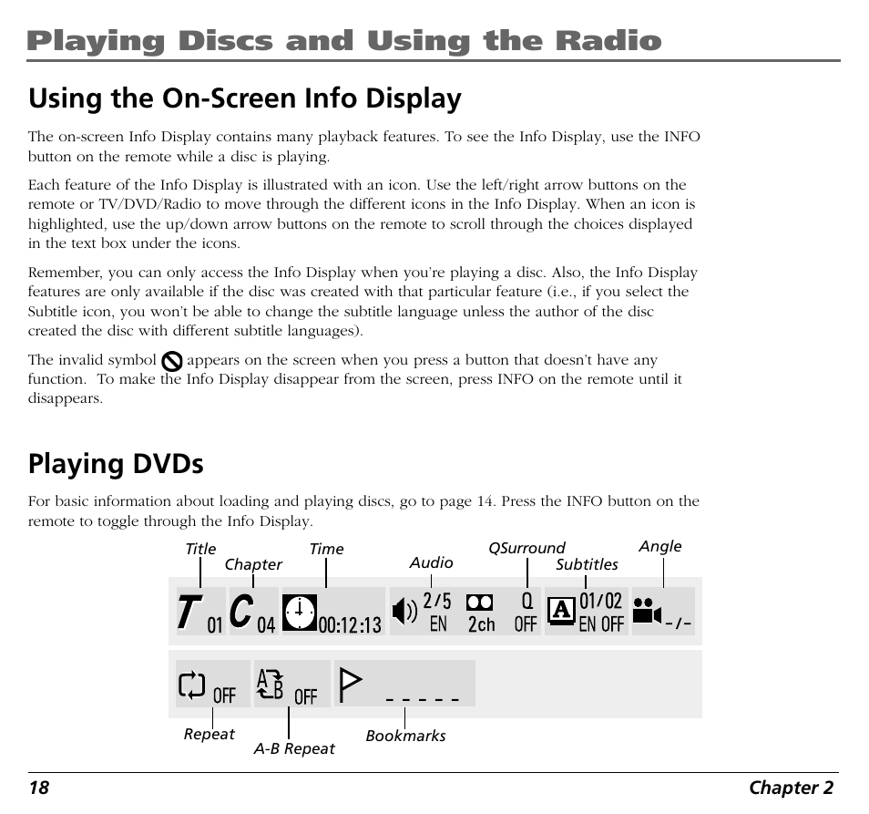 Playing discs and using the radio, Using the on-screen info display, Playing dvds | RCA BLD548 User Manual | Page 20 / 56