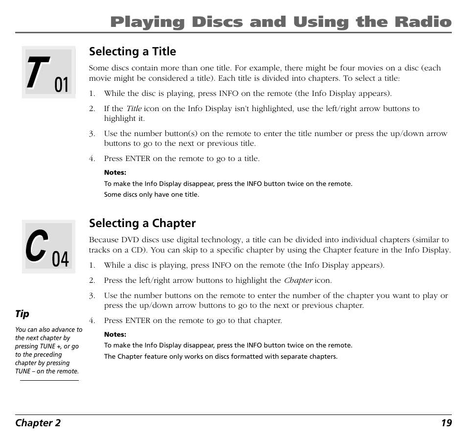 Playing discs and using the radio, Selecting a title, Selecting a chapter | RCA BLD548 User Manual | Page 21 / 56