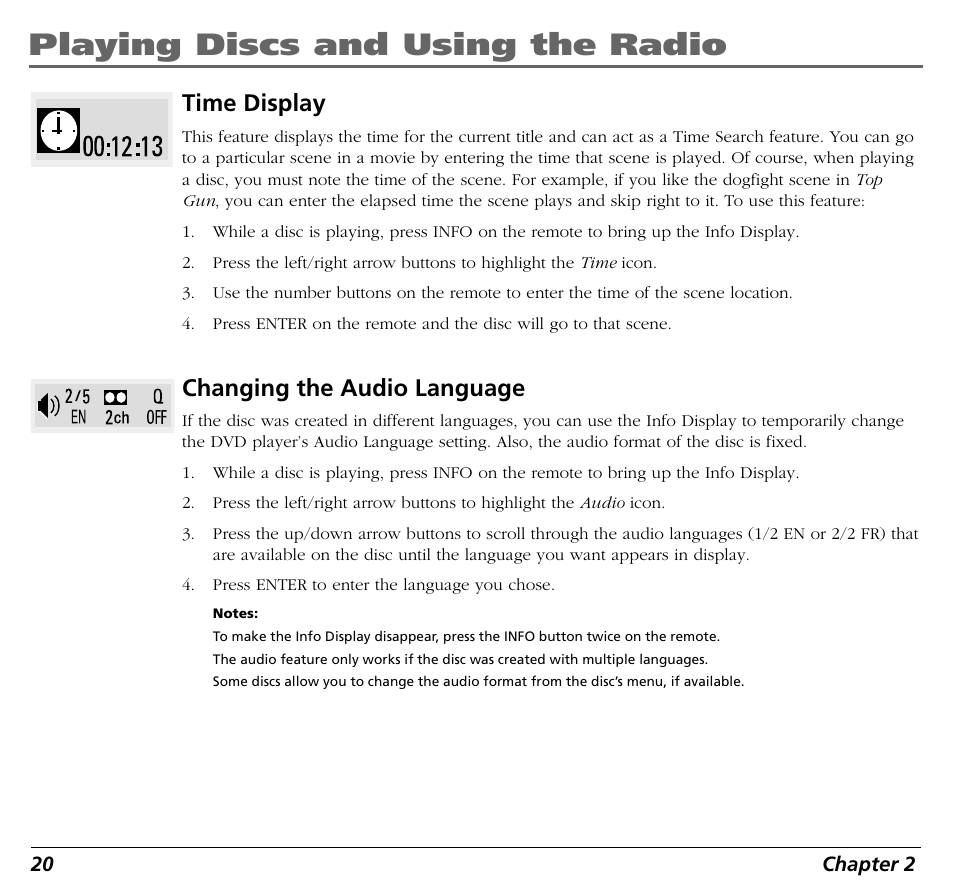 Playing discs and using the radio, Time display, Changing the audio language | RCA BLD548 User Manual | Page 22 / 56