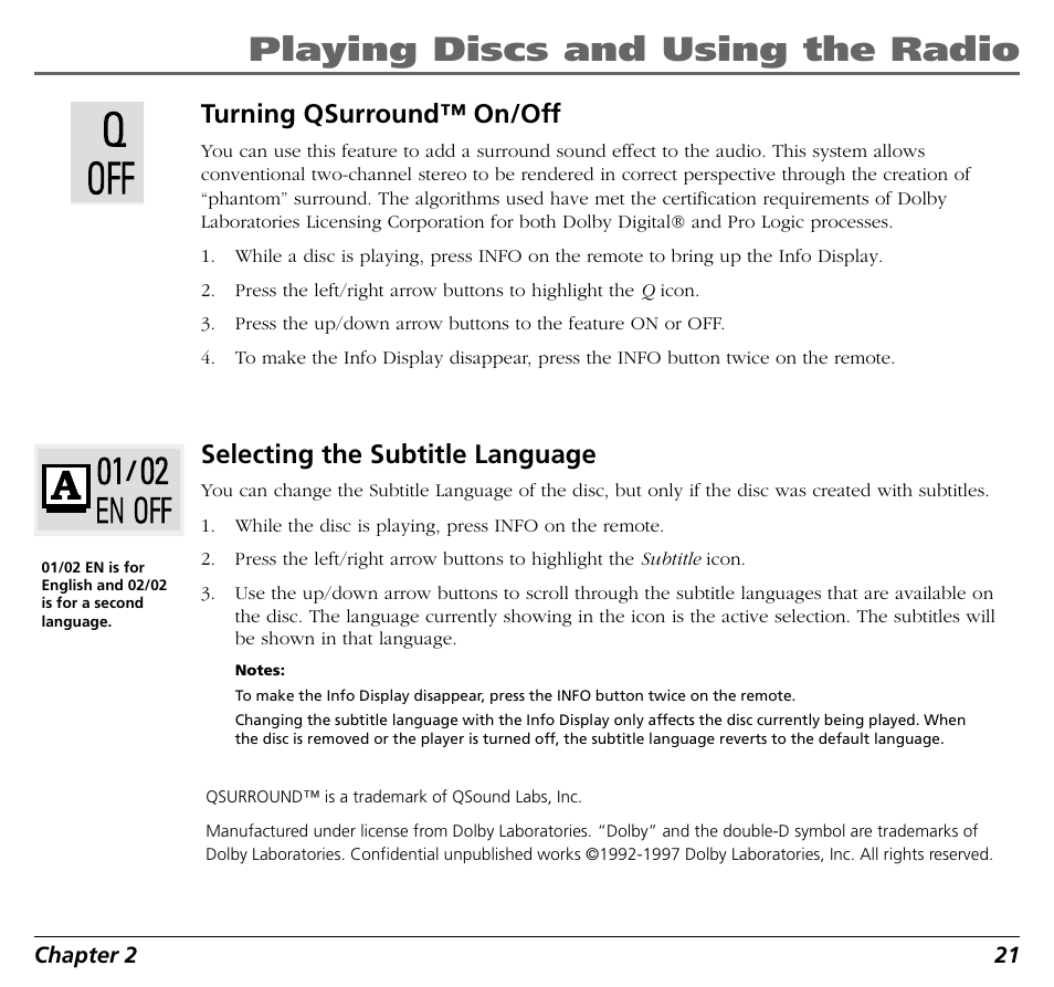 Playing discs and using the radio, Turning qsurround™ on/off, Selecting the subtitle language | RCA BLD548 User Manual | Page 23 / 56