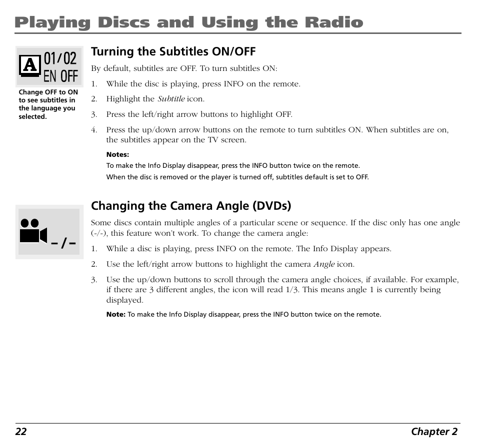 Playing discs and using the radio, Turning the subtitles on/off, Changing the camera angle (dvds) | RCA BLD548 User Manual | Page 24 / 56