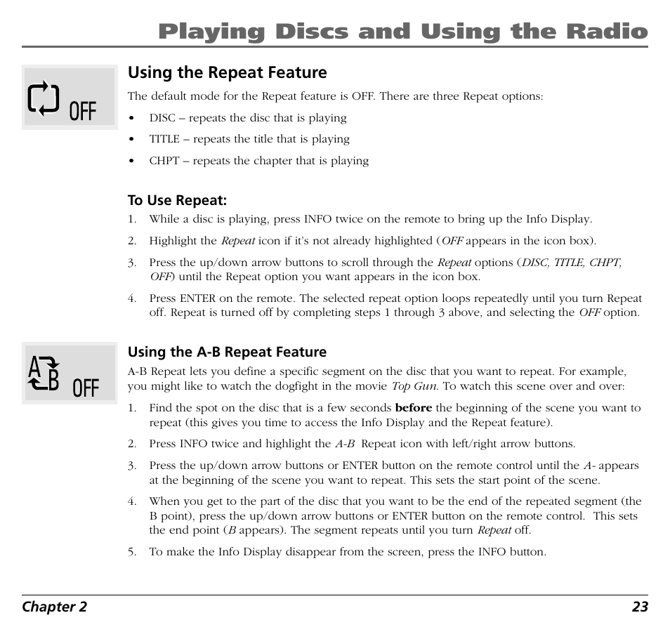 Playing discs and using the radio, Using the repeat feature | RCA BLD548 User Manual | Page 25 / 56