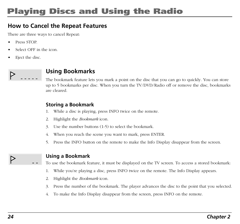 Playing discs and using the radio, How to cancel the repeat features, Using bookmarks | RCA BLD548 User Manual | Page 26 / 56