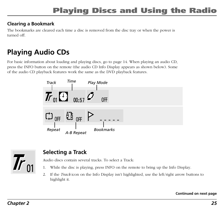 Playing discs and using the radio, Playing audio cds, Selecting a track | RCA BLD548 User Manual | Page 27 / 56