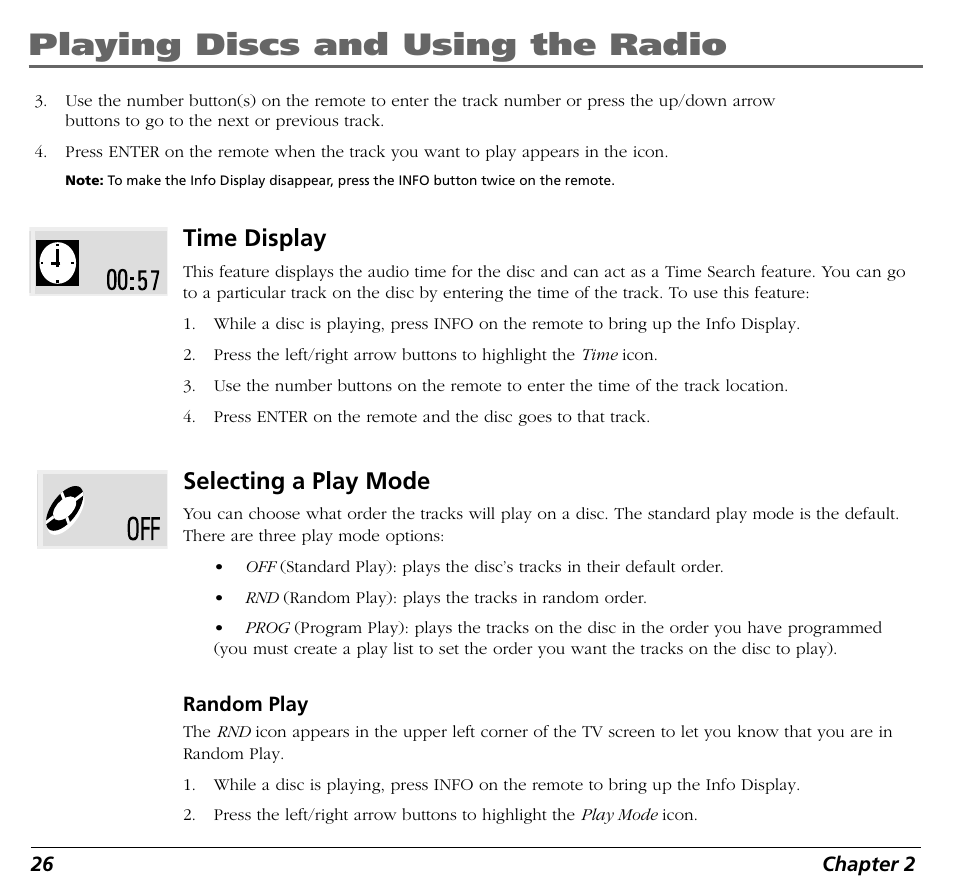 Playing discs and using the radio, Time display, Selecting a play mode | RCA BLD548 User Manual | Page 28 / 56