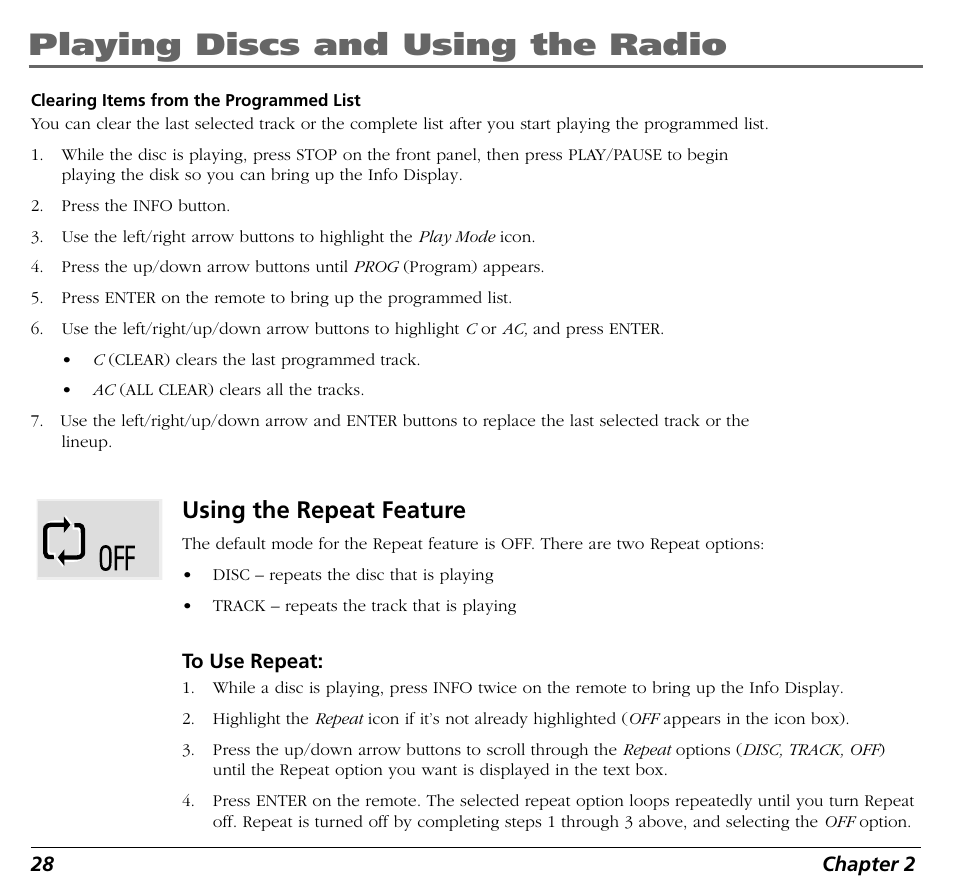 Playing discs and using the radio, Using the repeat feature | RCA BLD548 User Manual | Page 30 / 56