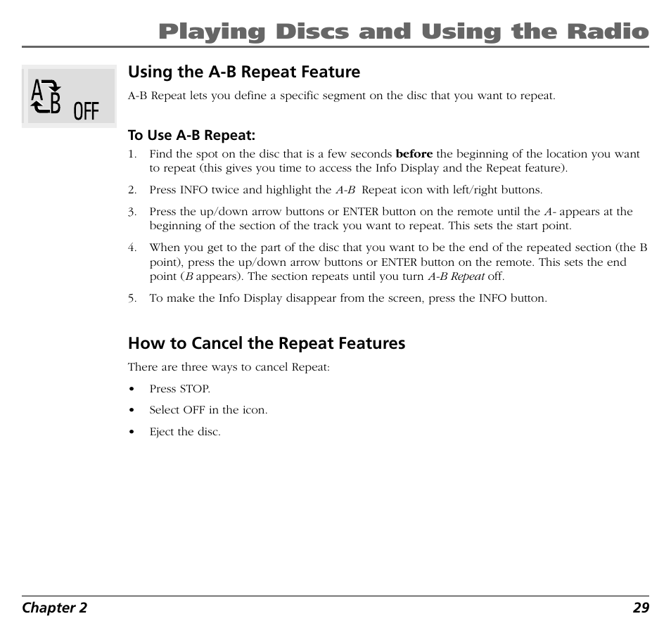 Playing discs and using the radio, Using the a-b repeat feature, How to cancel the repeat features | RCA BLD548 User Manual | Page 31 / 56