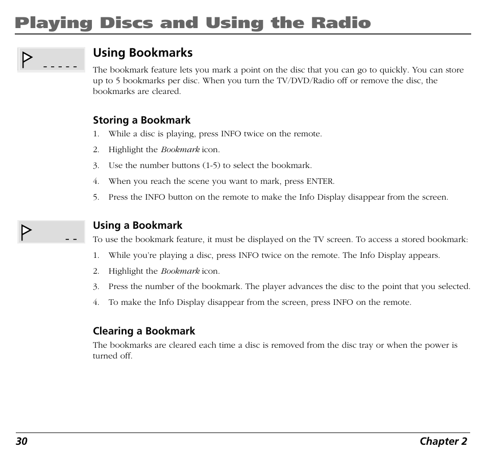 Playing discs and using the radio, Using bookmarks | RCA BLD548 User Manual | Page 32 / 56