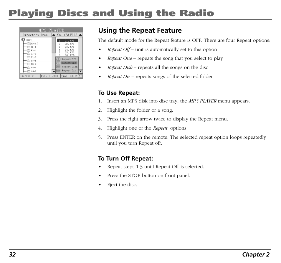 Playing discs and using the radio, Using the repeat feature | RCA BLD548 User Manual | Page 34 / 56