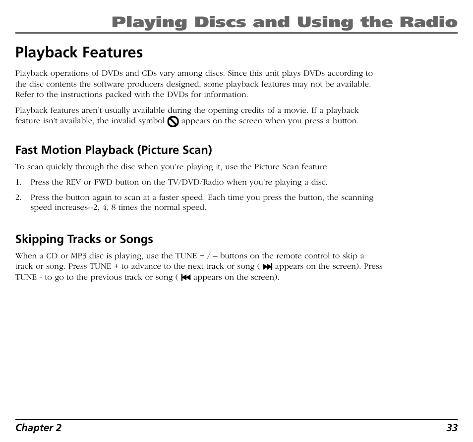 Playing discs and using the radio, Playback features, Fast motion playback (picture scan) | Skipping tracks or songs | RCA BLD548 User Manual | Page 35 / 56