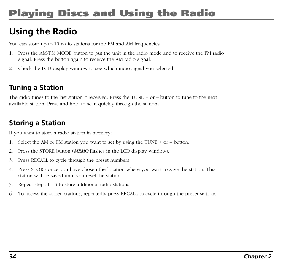 Playing discs and using the radio, Using the radio, Tuning a station | Storing a station | RCA BLD548 User Manual | Page 36 / 56