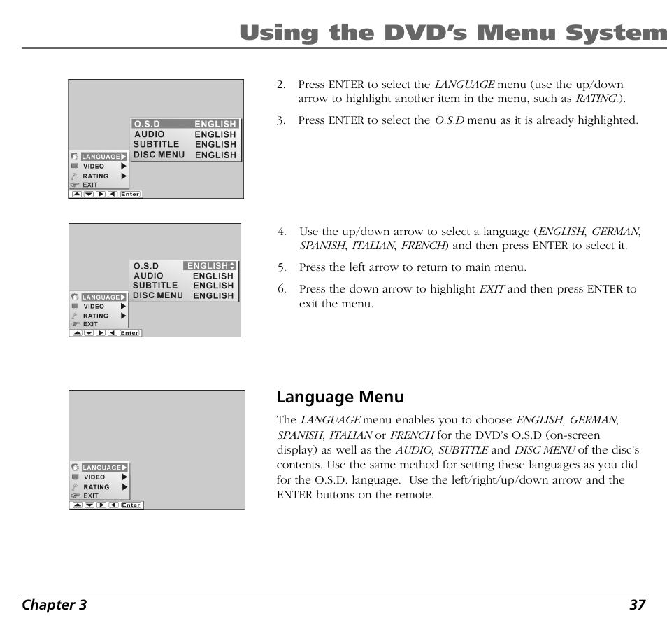 Using the dvd’s menu system, Language menu | RCA BLD548 User Manual | Page 39 / 56