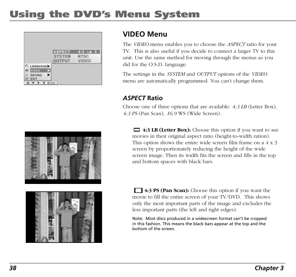 Using the dvd’s menu system, Video menu | RCA BLD548 User Manual | Page 40 / 56