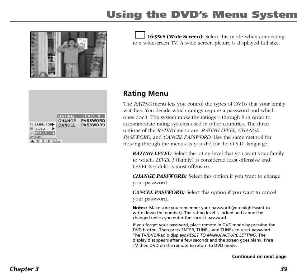 Using the dvd’s menu system, Rating menu | RCA BLD548 User Manual | Page 41 / 56