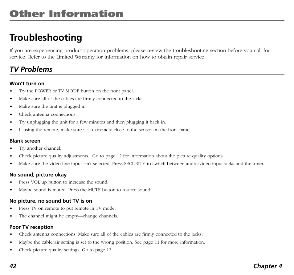 Other information troubleshooting, Tv problems, 42 chapter 4 | RCA BLD548 User Manual | Page 44 / 56