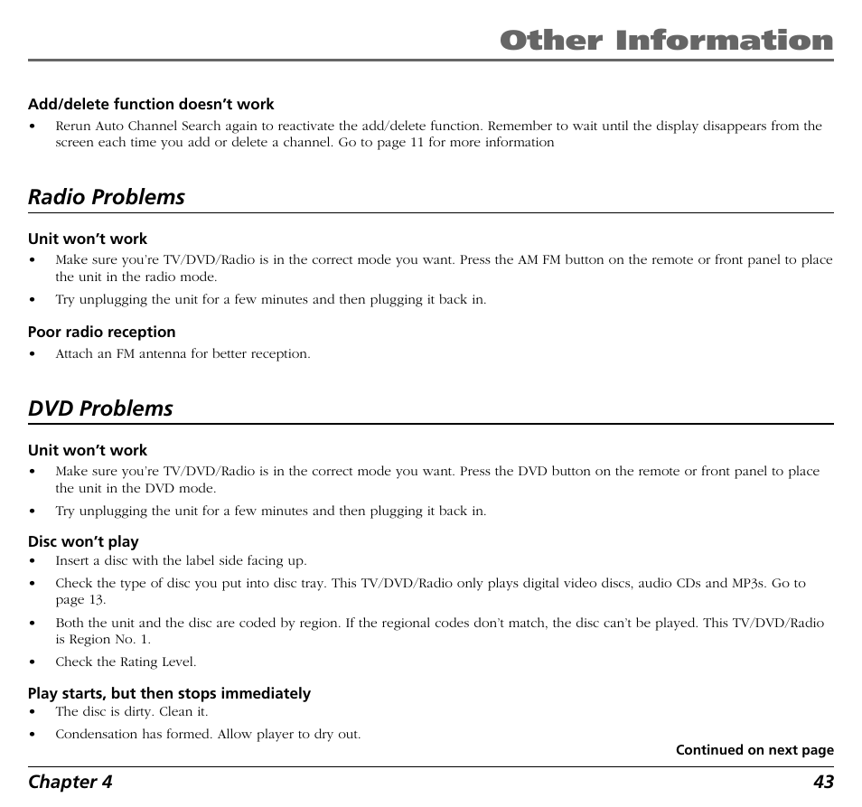 Other information, Radio problems, Dvd problems | Chapter 4 43 | RCA BLD548 User Manual | Page 45 / 56