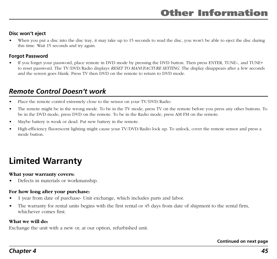 Other information, Limited warranty, Remote control doesn’t work | RCA BLD548 User Manual | Page 47 / 56