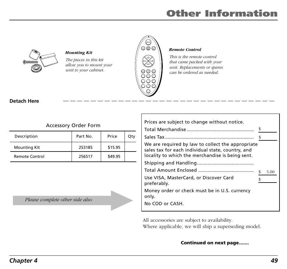 Other information, Chapter 4 49, Accessory order form | Please complete other side also, Detach here | RCA BLD548 User Manual | Page 51 / 56