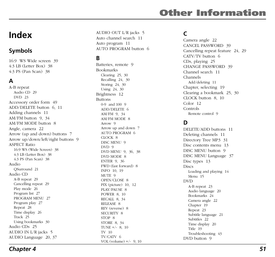 Other information index, Chapter 4 51, Symbols | RCA BLD548 User Manual | Page 53 / 56