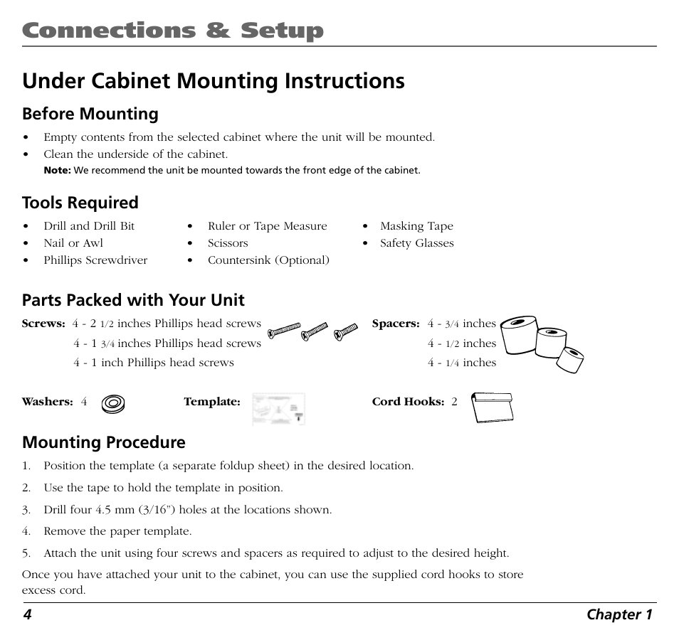 Connections & setup, Under cabinet mounting instructions, Before mounting | Tools required, Parts packed with your unit, Mounting procedure | RCA BLD548 User Manual | Page 6 / 56