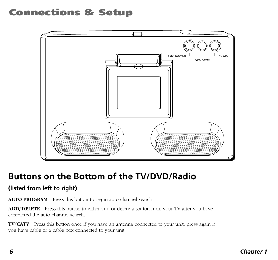 Connections & setup, Buttons on the bottom of the tv/dvd/radio | RCA BLD548 User Manual | Page 8 / 56