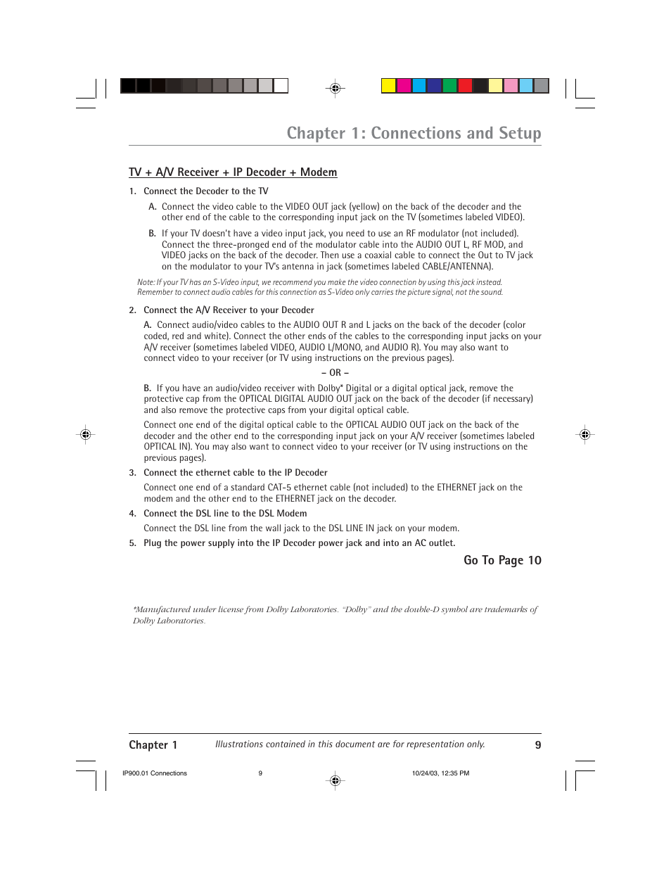Chapter 1: connections and setup, Go to page 10 | RCA IP900 User Manual | Page 11 / 32