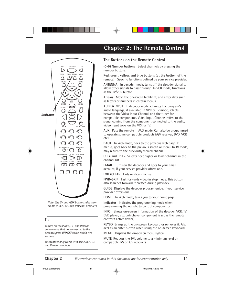 Chapter 2: the remote control, Chapter 2 11, The buttons on the remote control | RCA IP900 User Manual | Page 13 / 32