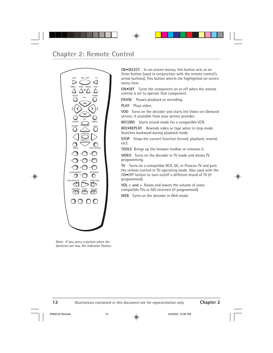 Chapter 2: remote control, 12 chapter 2 | RCA IP900 User Manual | Page 14 / 32
