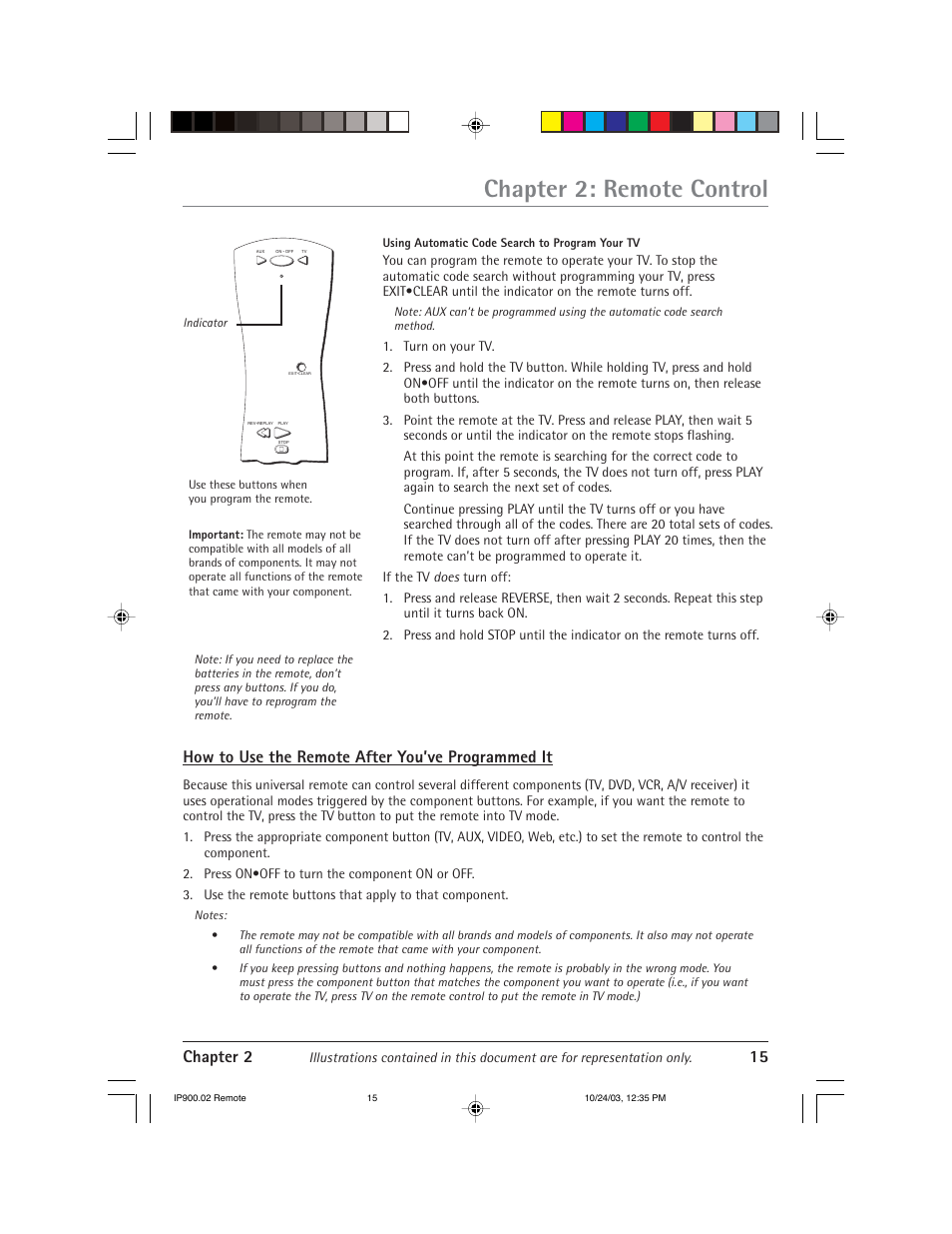 Chapter 2: remote control, Chapter 2 15, How to use the remote after you’ve programmed it | RCA IP900 User Manual | Page 17 / 32