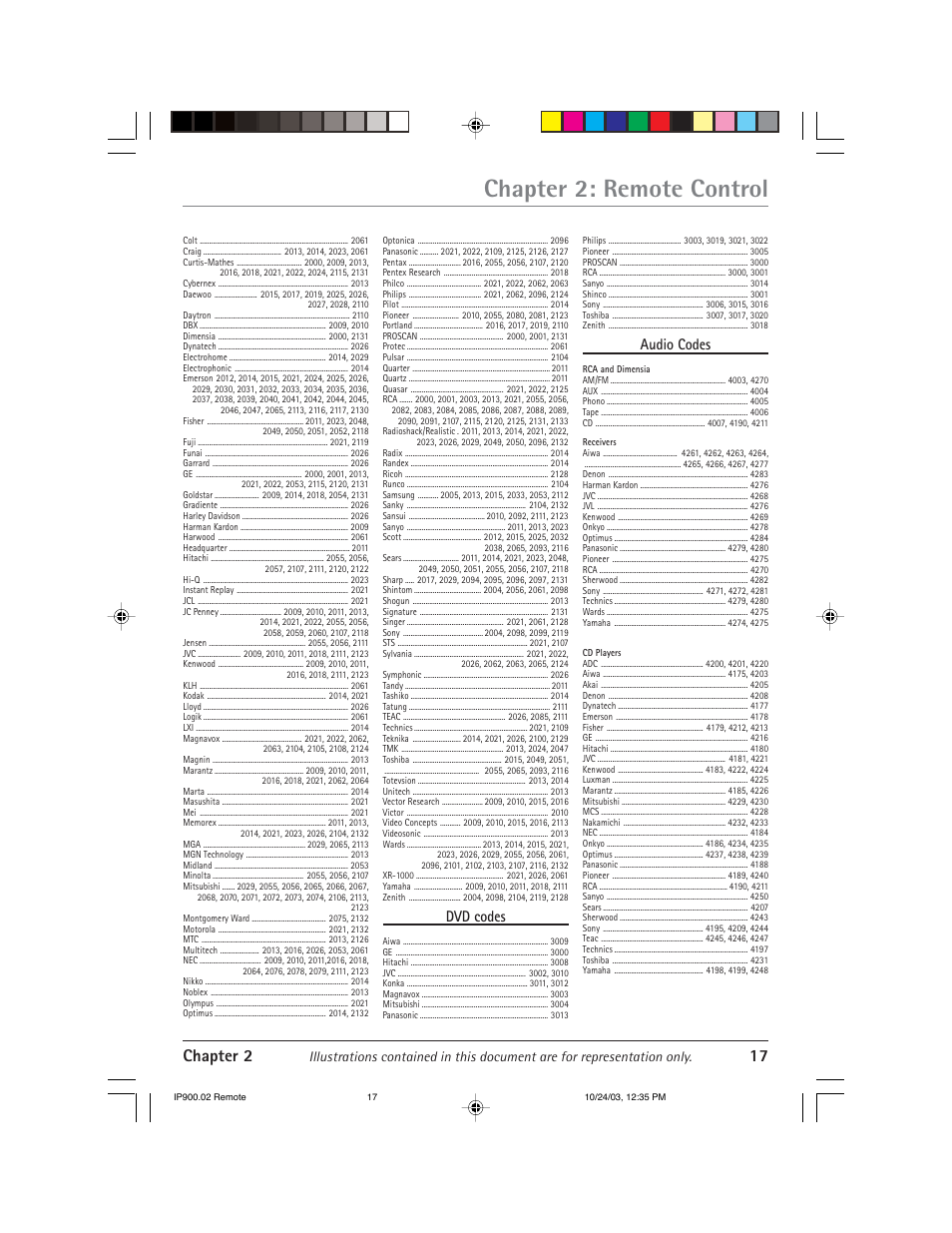 Chapter 2: remote control, Chapter 2 17, Dvd codes | Audio codes | RCA IP900 User Manual | Page 19 / 32