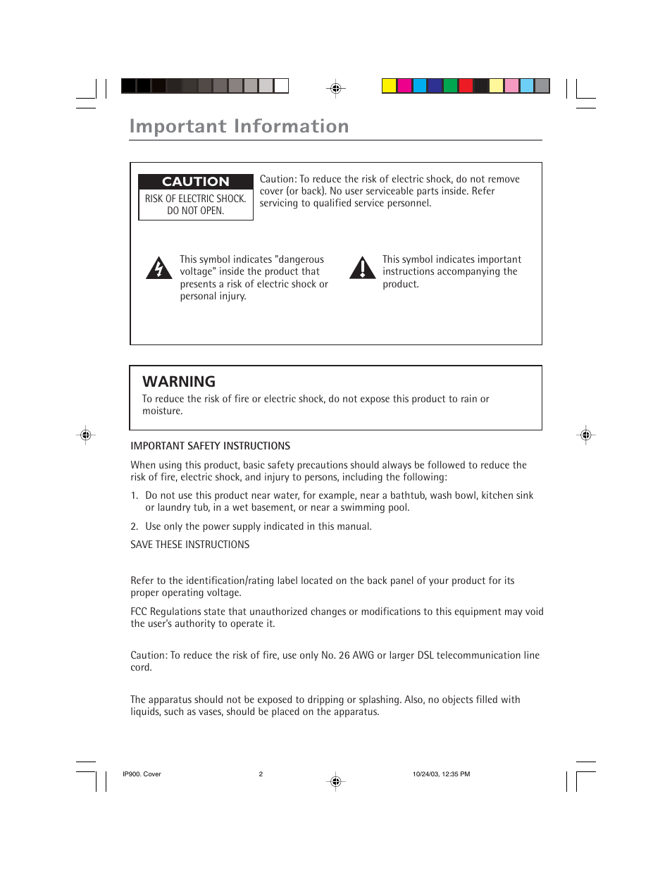 Important information, Warning | RCA IP900 User Manual | Page 2 / 32