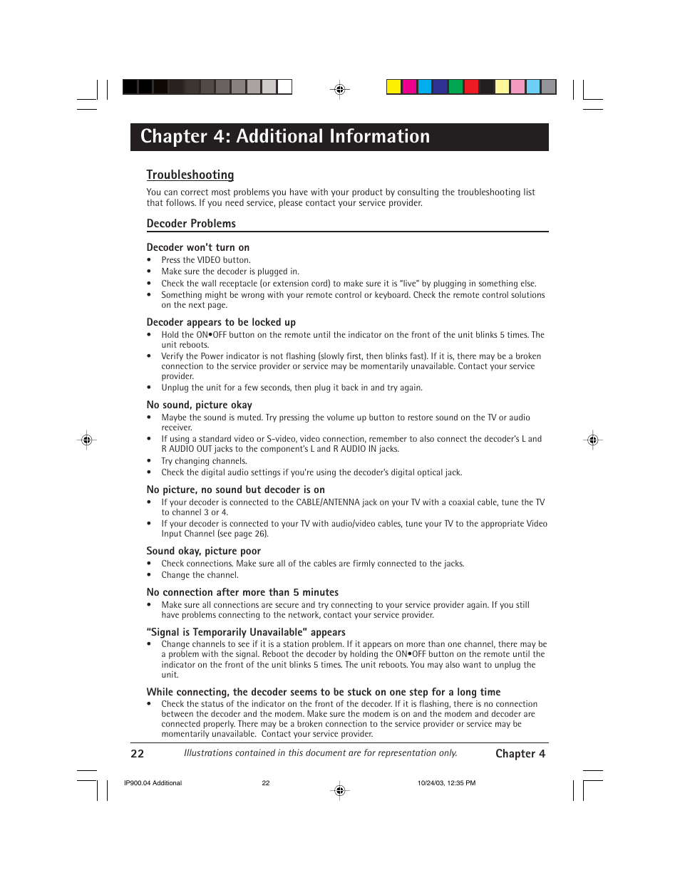 Chapter 4: additional information, Troubleshooting | RCA IP900 User Manual | Page 24 / 32