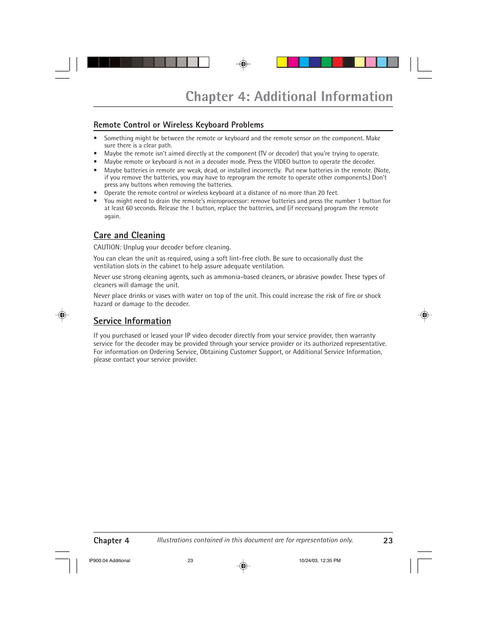 Chapter 4: additional information, Care and cleaning, Service information | RCA IP900 User Manual | Page 25 / 32