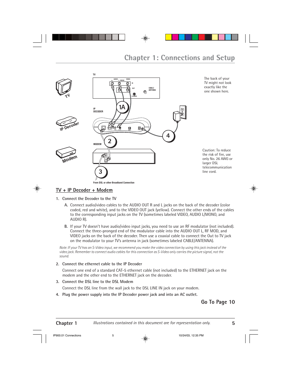 Chapter 1: connections and setup, 1a 3 2, Go to page 10 | Chapter 1 5, Tv + ip decoder + modem, Modem, Ethernet dsl line in, 00 m a | RCA IP900 User Manual | Page 7 / 32