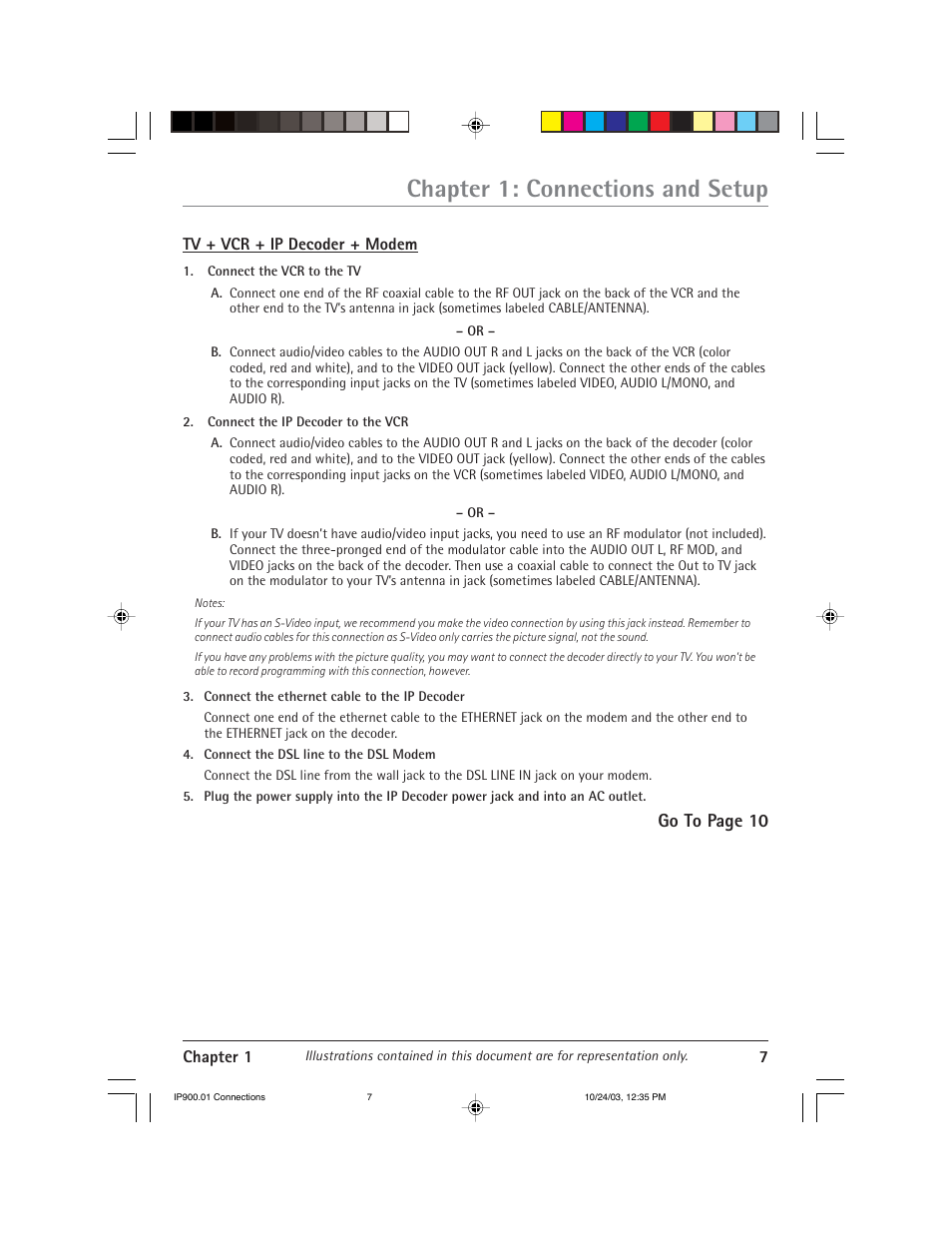 Chapter 1: connections and setup, Go to page 10 | RCA IP900 User Manual | Page 9 / 32