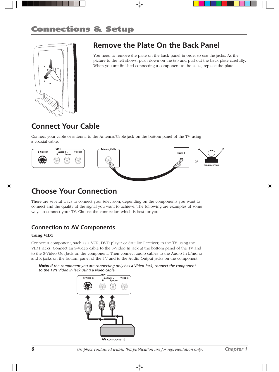 Connections & setup, Remove the plate on the back panel, Connect your cable | Choose your connection, Connection to av components, 6chapter 1 | RCA LCDS2022B User Manual | Page 10 / 40