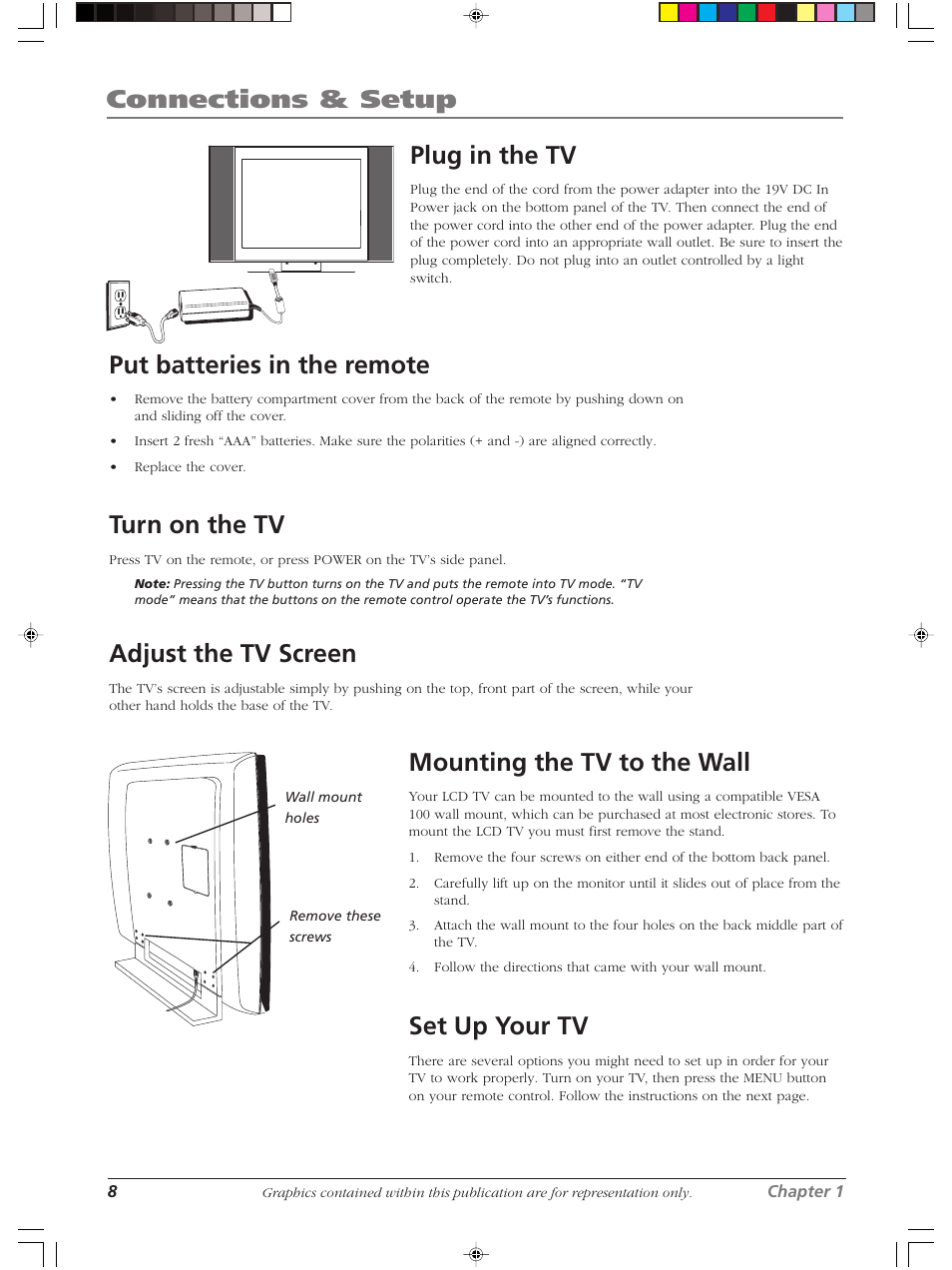 Connections & setup, Plug in the tv, Put batteries in the remote | Turn on the tv, Adjust the tv screen, Mounting the tv to the wall, Set up your tv | RCA LCDS2022B User Manual | Page 12 / 40