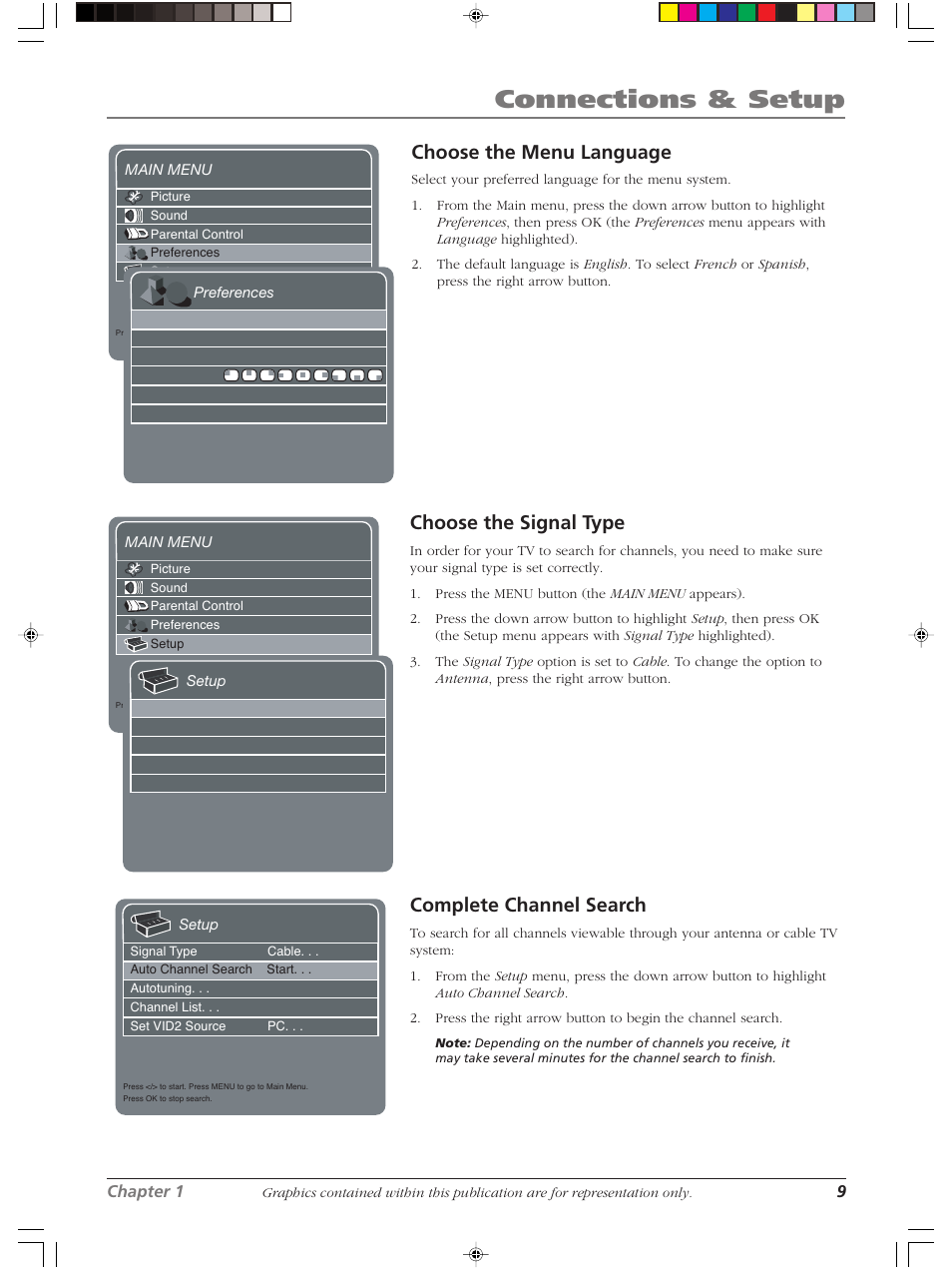Connections & setup, Choose the menu language, Complete channel search | Choose the signal type | RCA LCDS2022B User Manual | Page 13 / 40
