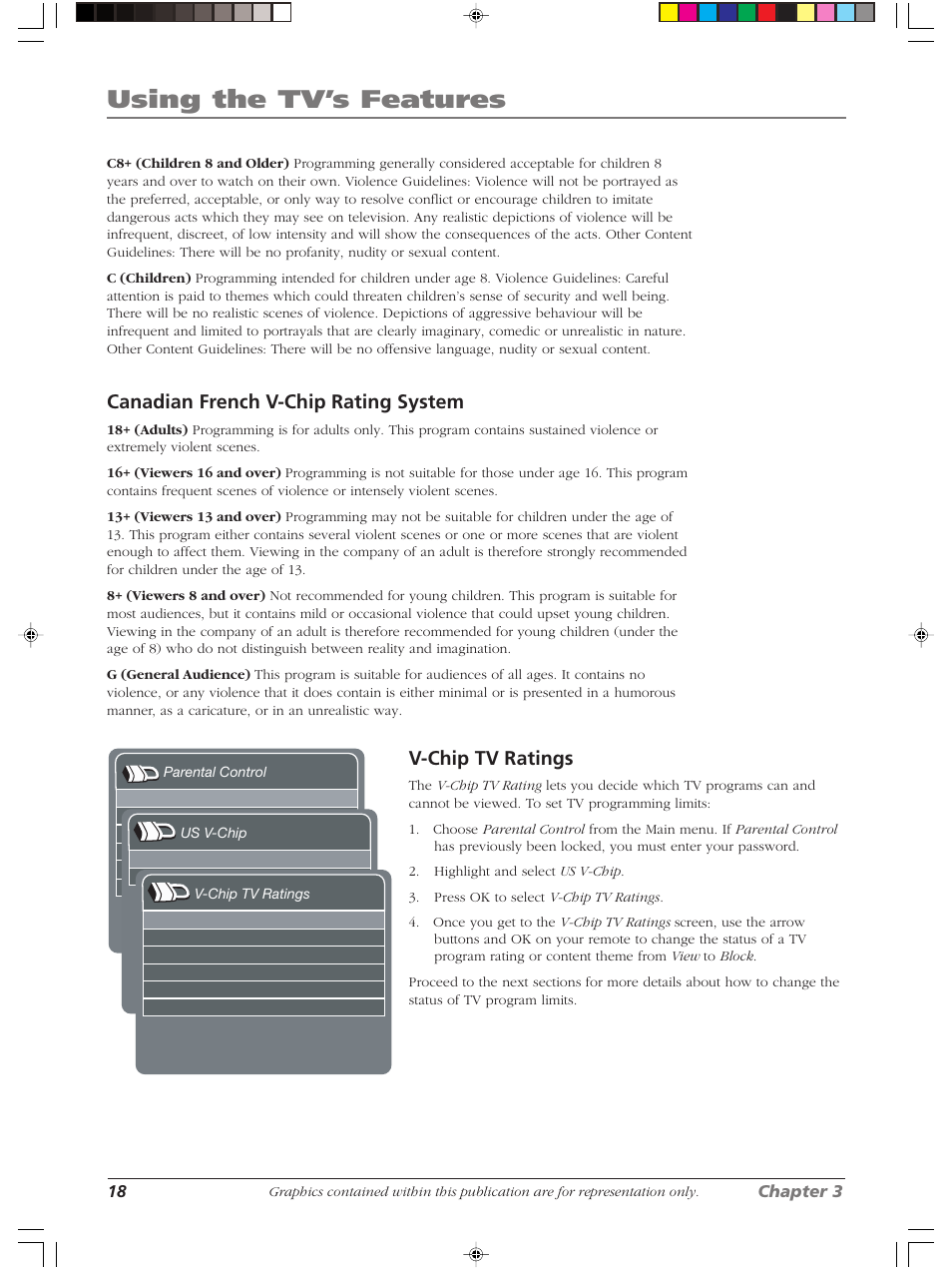 Using the tv’s features, Canadian french v-chip rating system, V-chip tv ratings | RCA LCDS2022B User Manual | Page 22 / 40