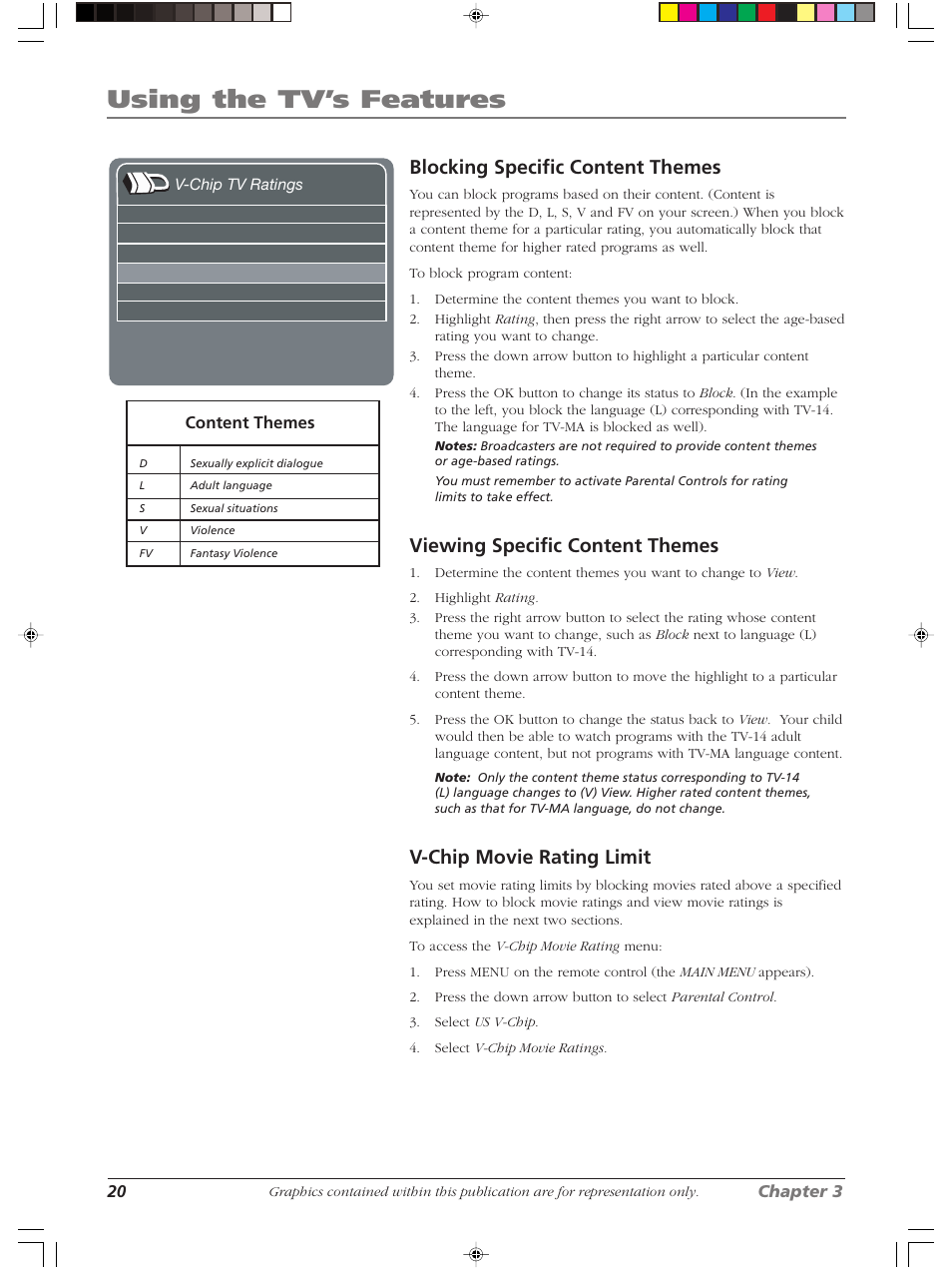 Using the tv’s features, Blocking specific content themes, Viewing specific content themes | V-chip movie rating limit | RCA LCDS2022B User Manual | Page 24 / 40