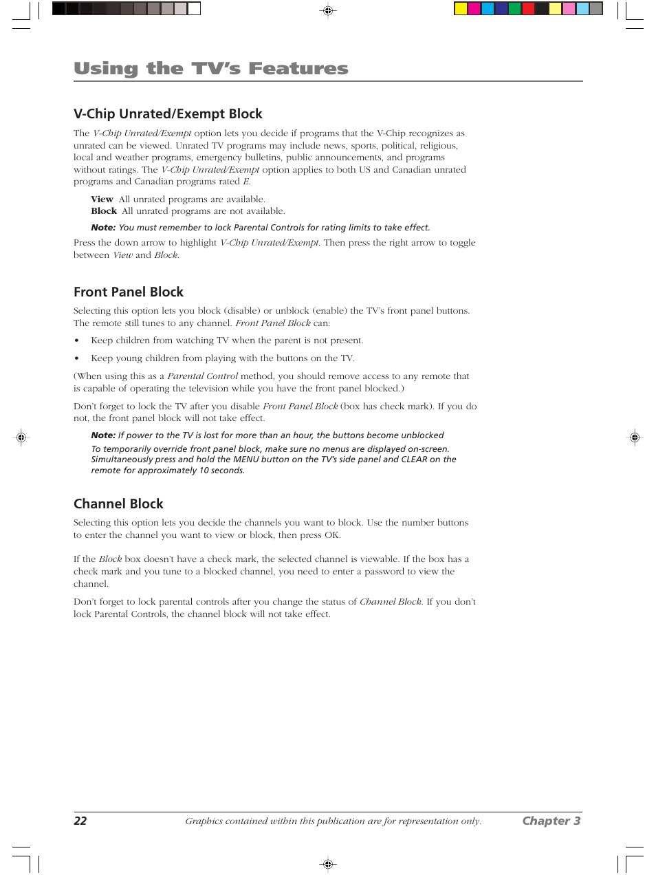 Using the tv’s features, V-chip unrated/exempt block, Front panel block | Channel block | RCA LCDS2022B User Manual | Page 26 / 40