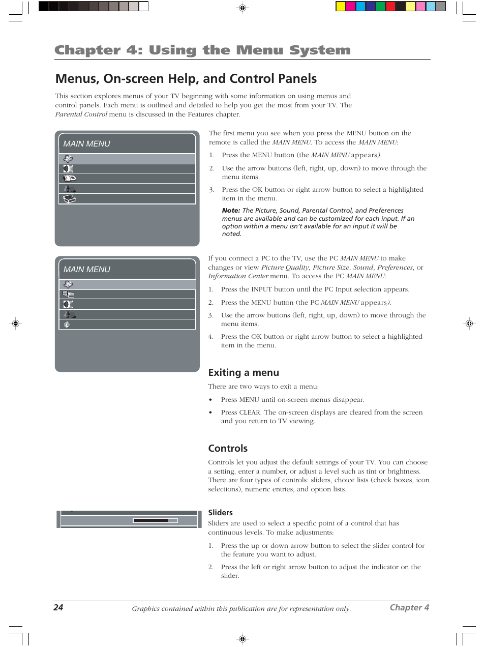 Chapter 4: using the menu system, Menus, on-screen help, and control panels, Exiting a menu | Controls | RCA LCDS2022B User Manual | Page 28 / 40