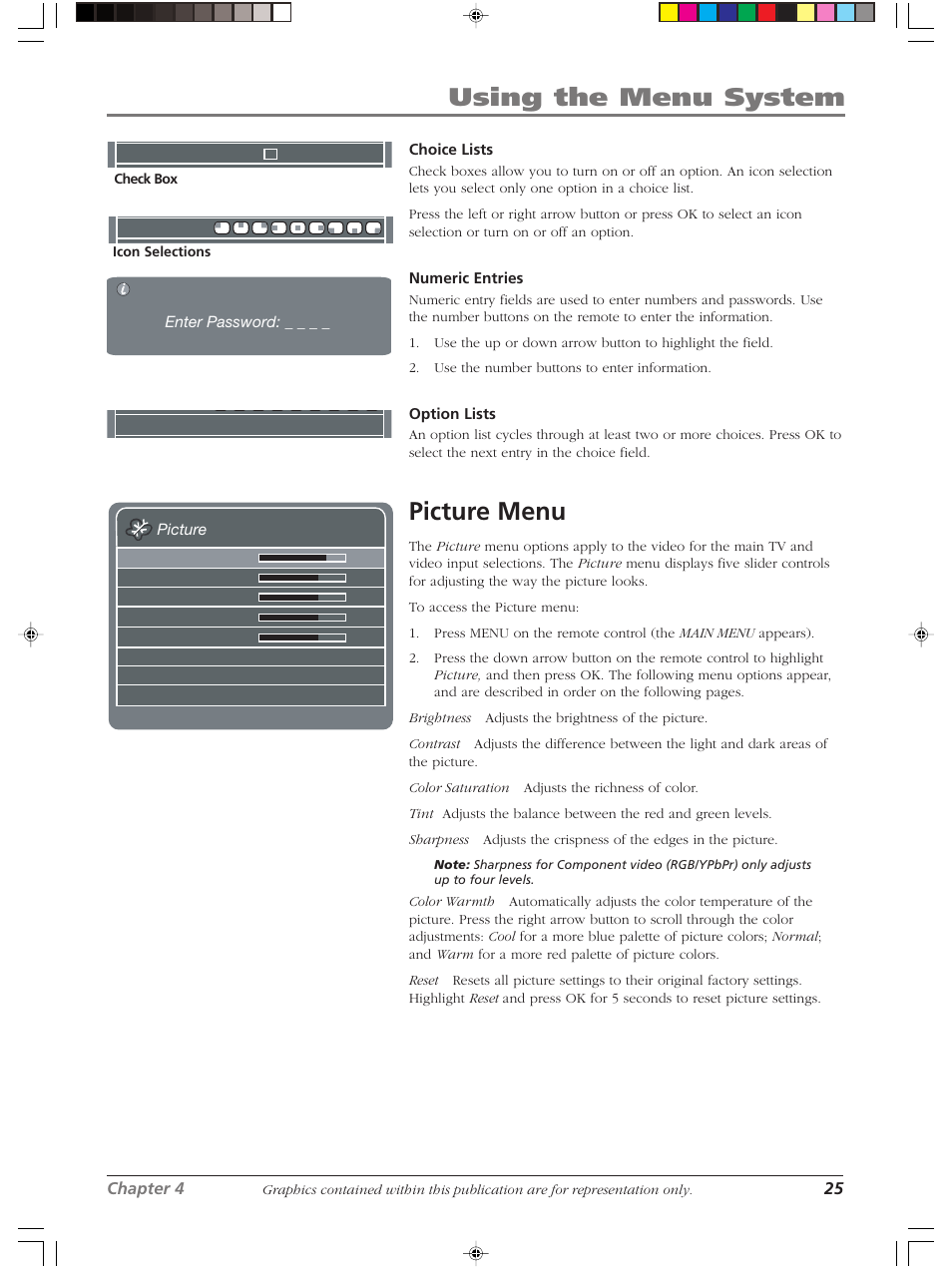 Using the menu system, Picture menu | RCA LCDS2022B User Manual | Page 29 / 40