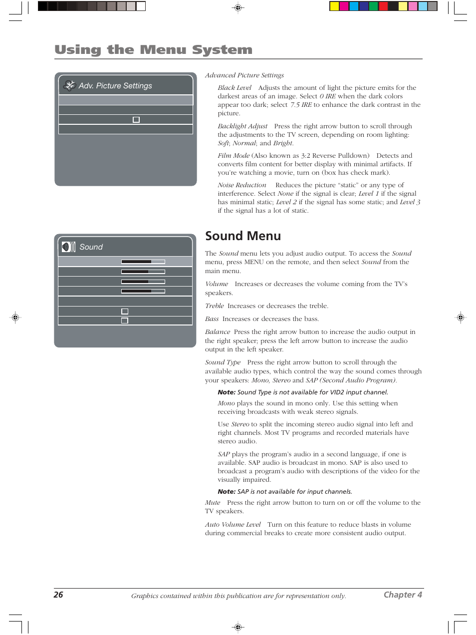 Using the menu system, Sound menu | RCA LCDS2022B User Manual | Page 30 / 40