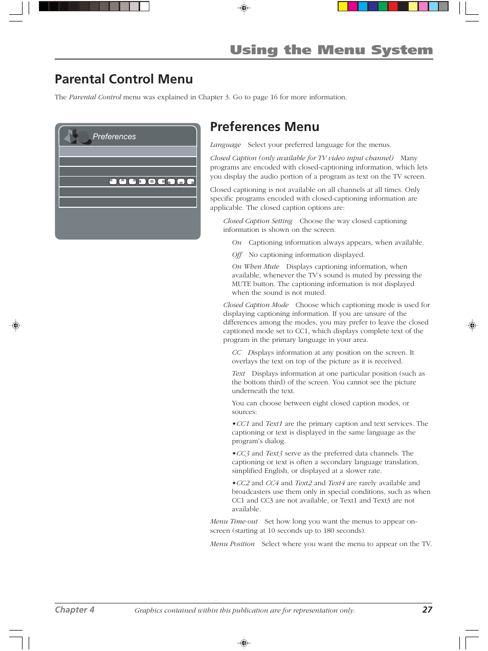 Using the menu system, Parental control menu, Preferences menu | RCA LCDS2022B User Manual | Page 31 / 40