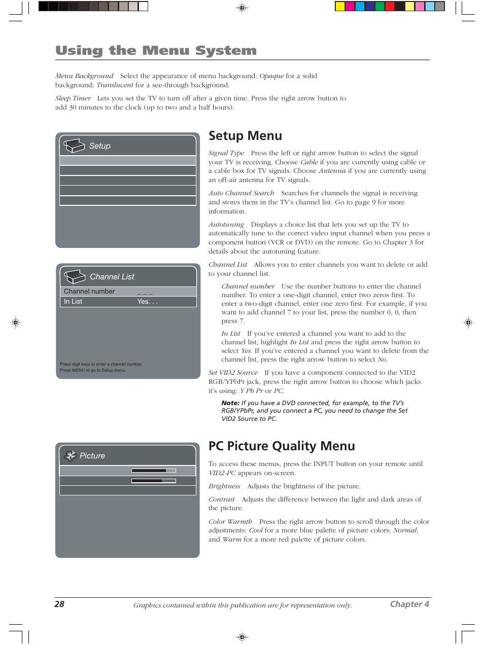 Using the menu system, Setup menu, Pc picture quality menu | RCA LCDS2022B User Manual | Page 32 / 40