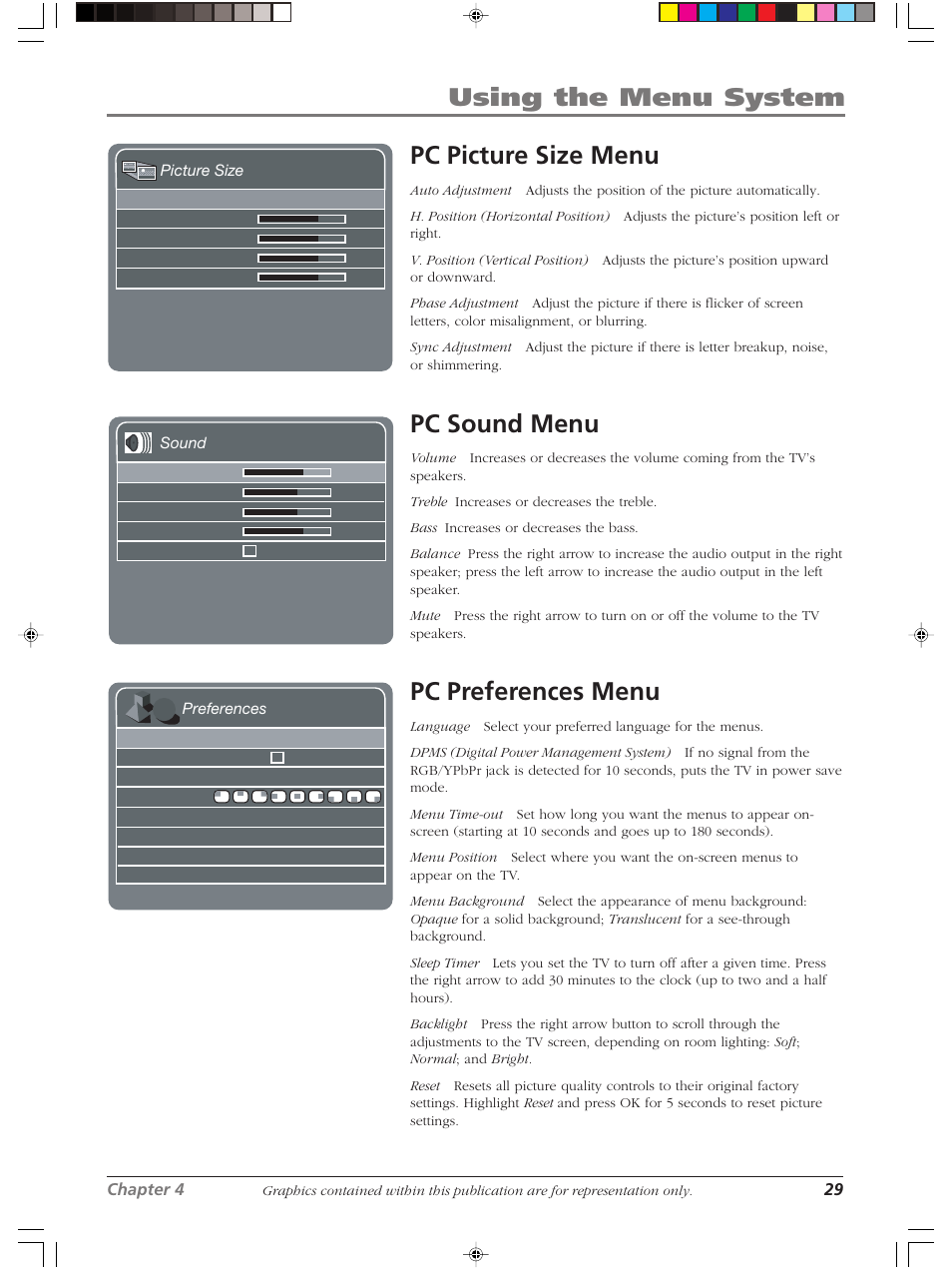 Using the menu system, Pc picture size menu, Pc sound menu | Pc preferences menu | RCA LCDS2022B User Manual | Page 33 / 40