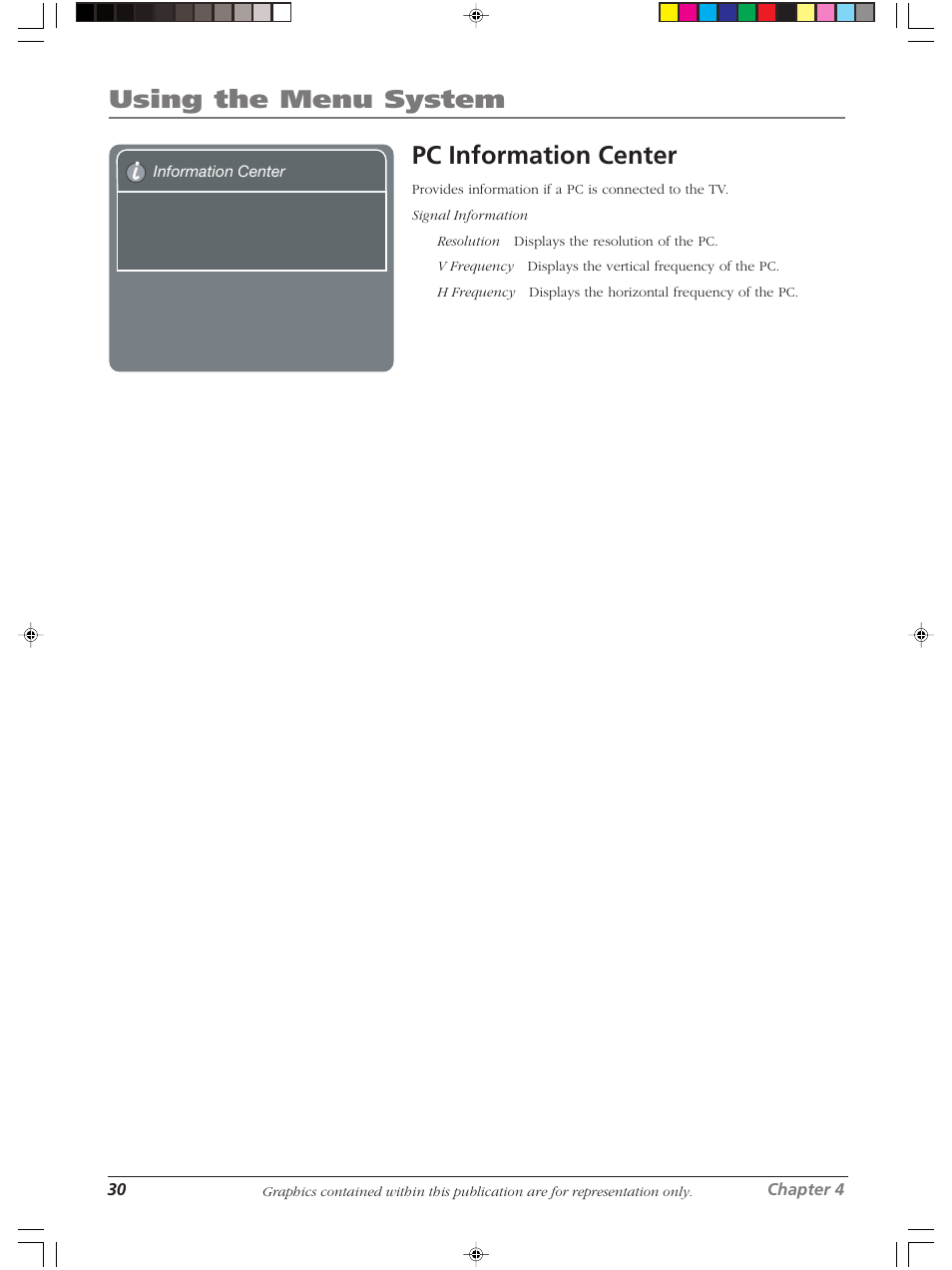 Using the menu system, Pc information center | RCA LCDS2022B User Manual | Page 34 / 40